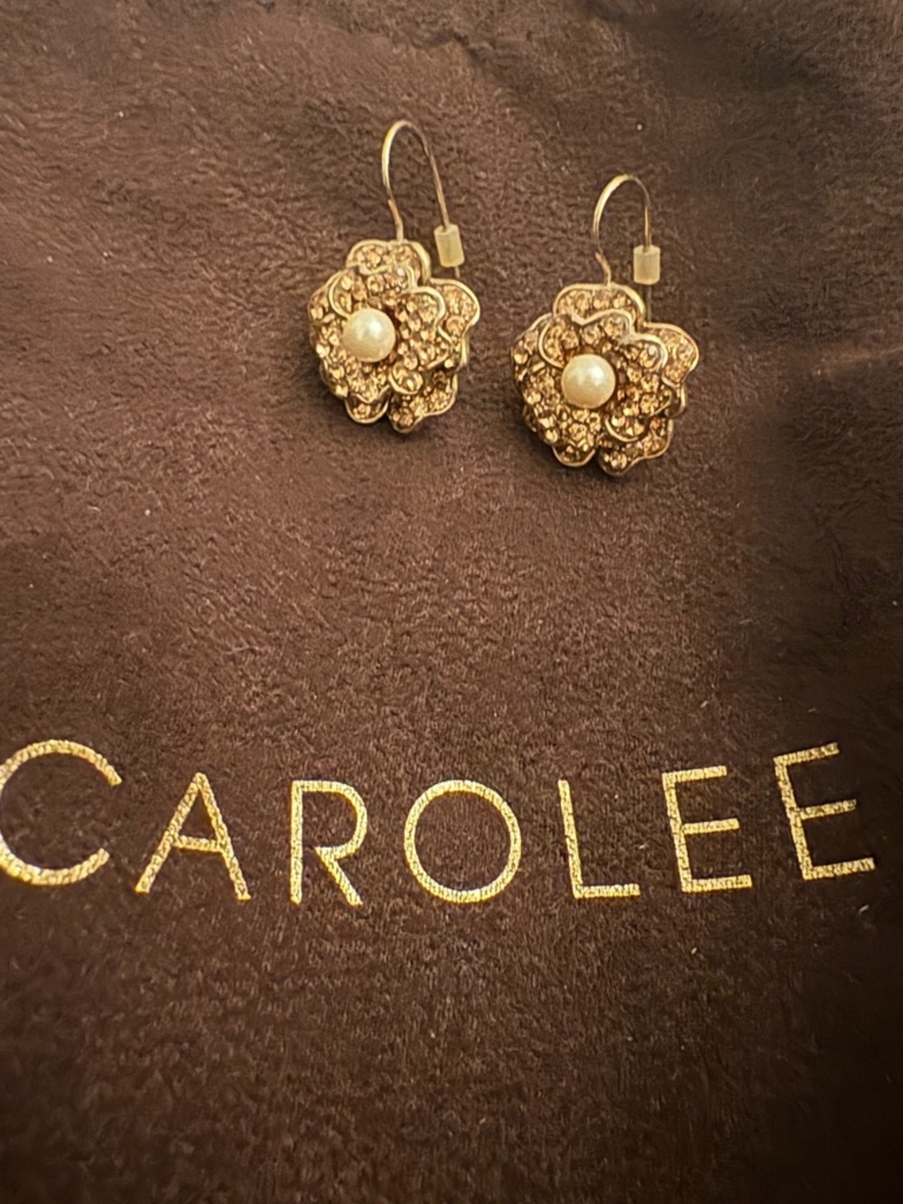Vintage Carolee Gold Crystal Flower Pearl Drop Earrings with Dust Bag